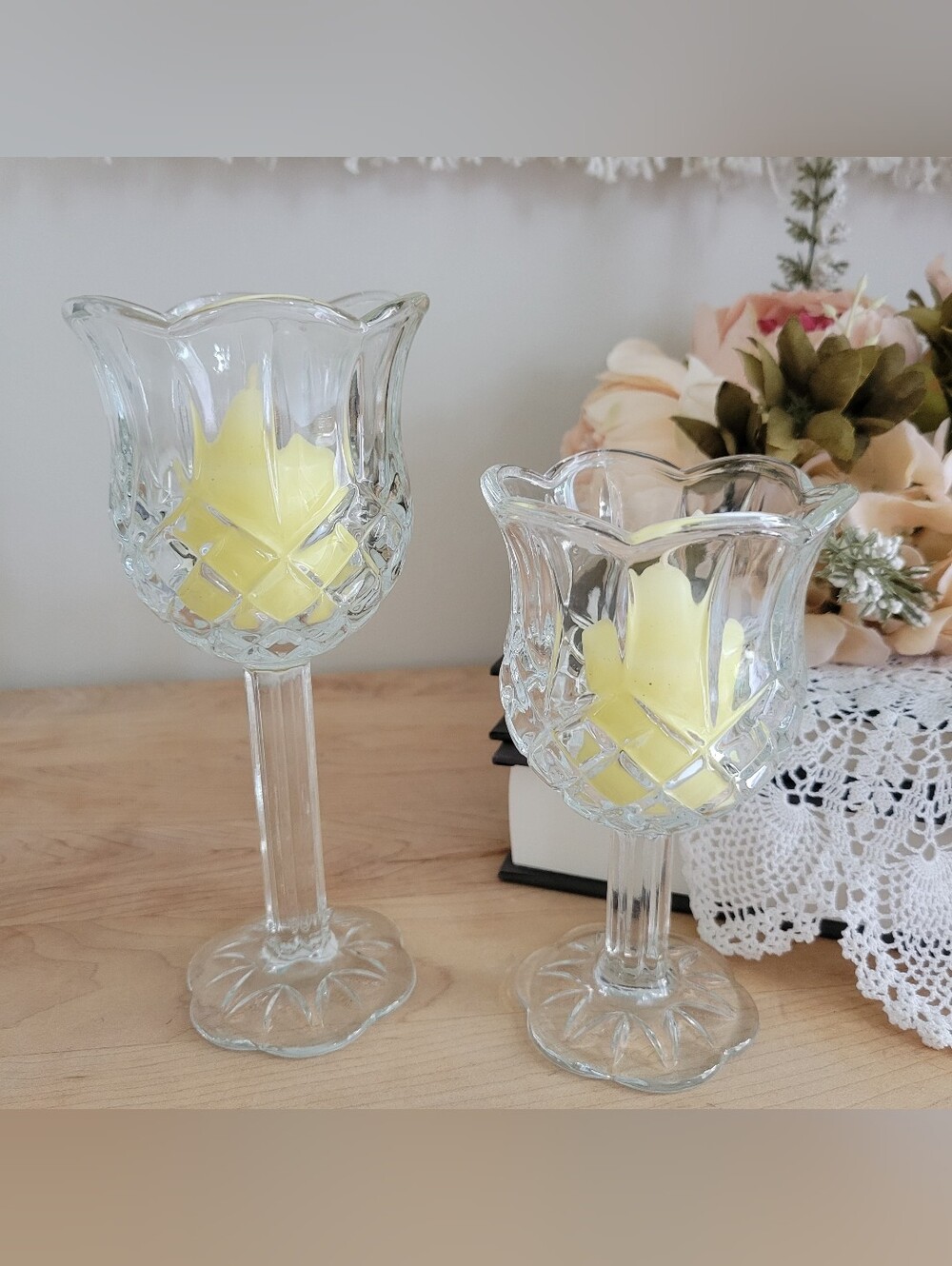 2 Vintage 7" HOMECO Clear Cut Crystal Tulip Votive Candleholders & Candles